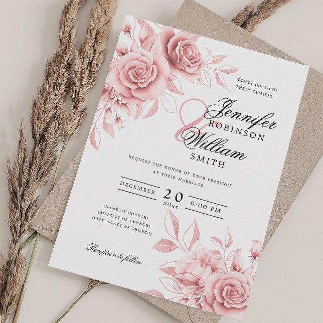 Elegant Script Wedding Blush Rose Gold Floral  Invitation (Elegant Script Wedding Blush Rose Gold Floral Invitation)
