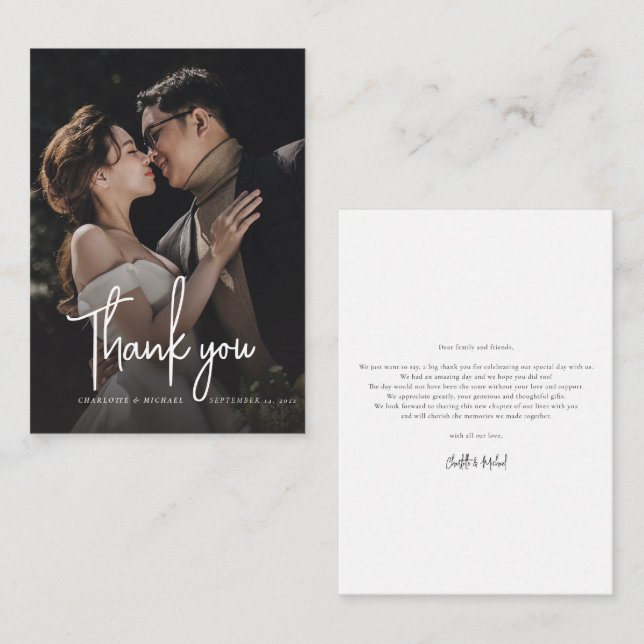 Elegant Script Wedding Day Photo Thank You Note Card (Front/Back)