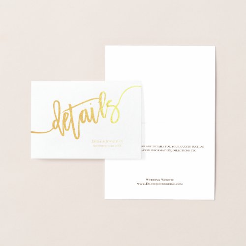 Elegant Script Wedding Details Enclosure Gold Foil Card