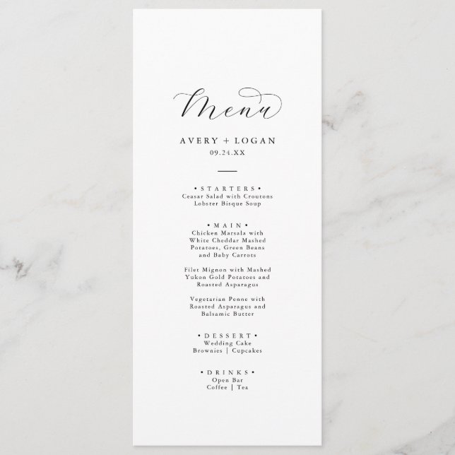 Elegant Script Wedding Dinner Menu (Front)