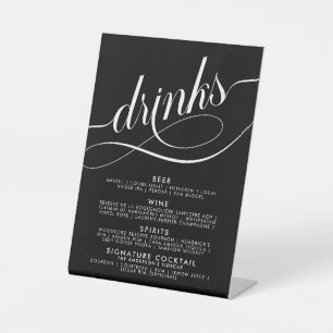 Elegant Script Wedding Drinks Bar Menu Black Pedestal Sign