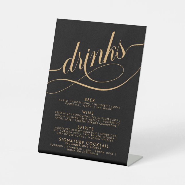 Elegant Script Wedding Drinks Bar Menu | Gold Pedestal Sign (Front)