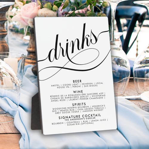 Elegant Script Wedding Drinks Bar Menu  Plaque