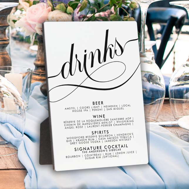 Elegant Script Wedding Drinks Bar Menu  Plaque (Creator Uploaded)