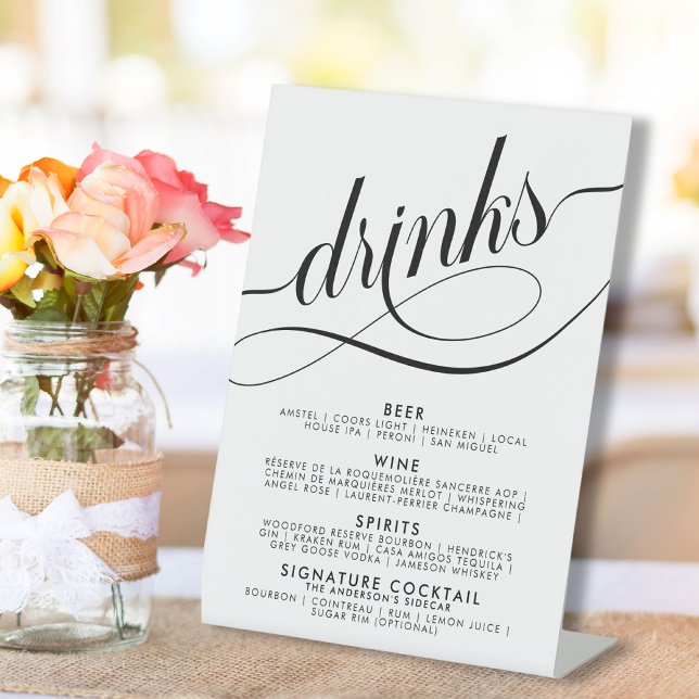 Elegant Script Wedding Drinks Bar Menu Poster Pedestal Sign (Creator Uploaded)