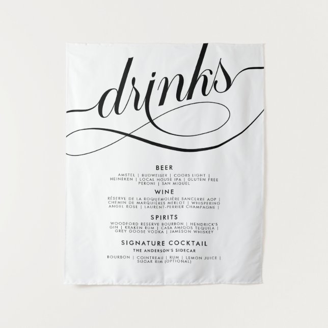 Elegant Script Wedding Drinks Bar Menu Poster Tapestry (Front)