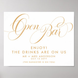 Elegant Script Wedding Free Drinks Bar Menu Gold Poster