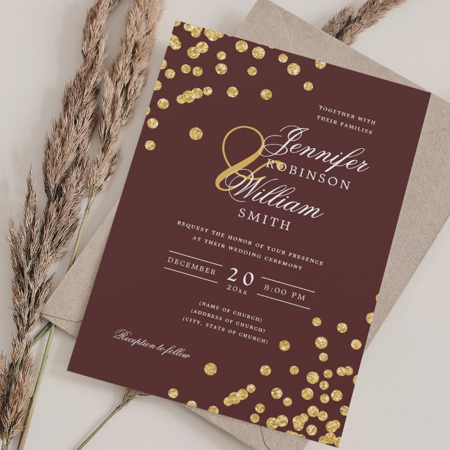 Elegant Script Wedding Gold Confetti Burgundy  Invitation (Elegant Script Wedding Gold Confetti Burgundy Invitation)