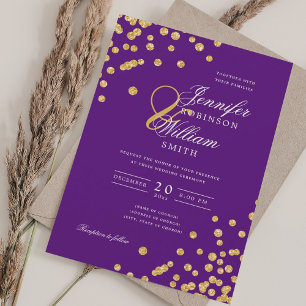 Elegant Script Wedding Gold Confetti Purple  Invitation
