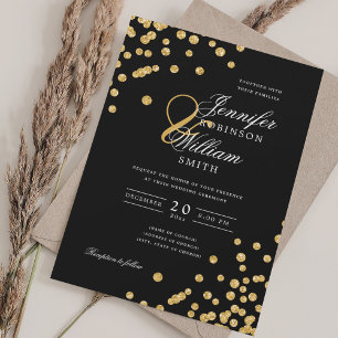 Elegant Script Wedding Gold Glitter Confetti Black Invitation