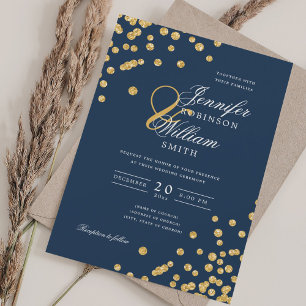 Elegant Script Wedding Gold Glitter Confetti Navy Invitation