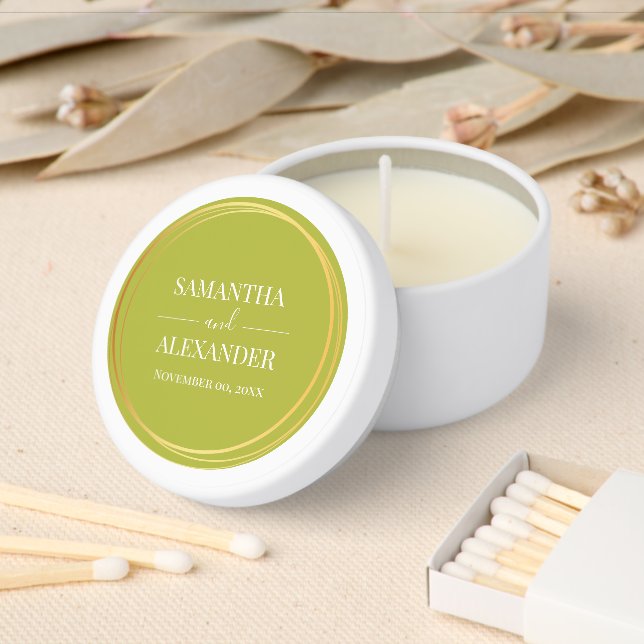 Elegant script wedding green gold minimalist  mini candle favors (Insitu)