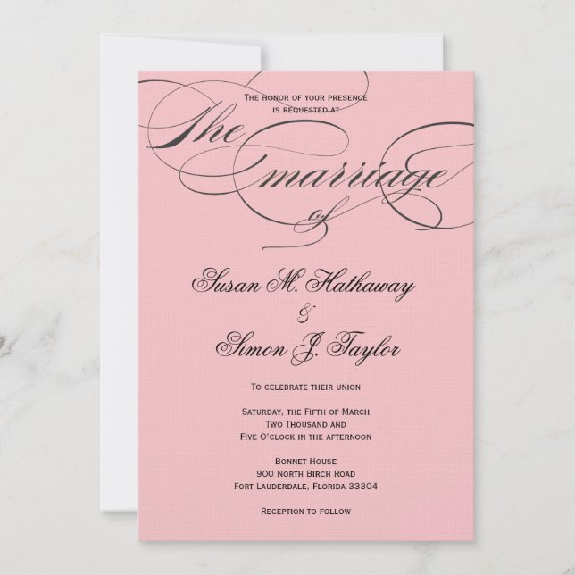 Elegant Script  Wedding Invitation - Black & Blush (Front)