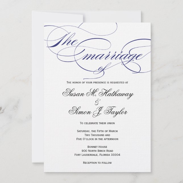 Elegant Script  Wedding Invitation - Navy (Front)