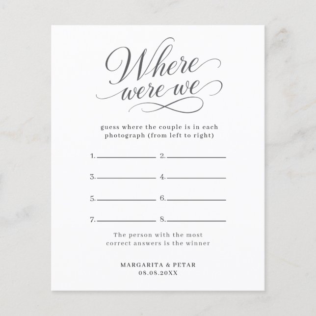 Elegant Script Wedding Location Guess Game Design Flyer (Front)