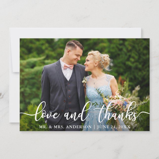 Elegant Script Wedding Love and Thanks Bride Groom Thank You Card (Front)
