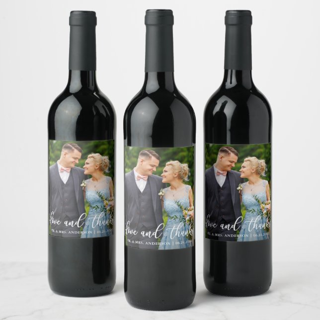 Elegant Script Wedding Love and Thanks Photo Wine Label (Bottles)