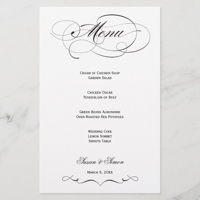 Elegant Script  Wedding Menu - Black (Front)