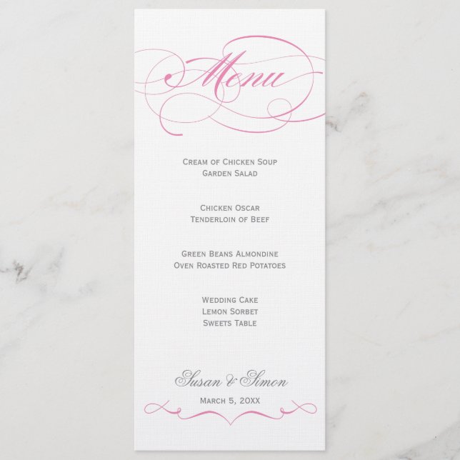 Elegant Script  Wedding Menu - Pink (Front)