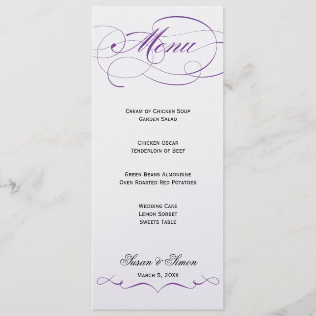Elegant Script  Wedding Menu - Purple (Front)
