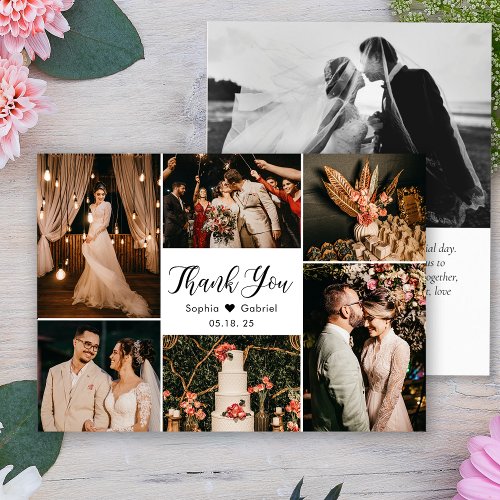 Elegant Script Wedding Multi Photo Collage Thank You Card