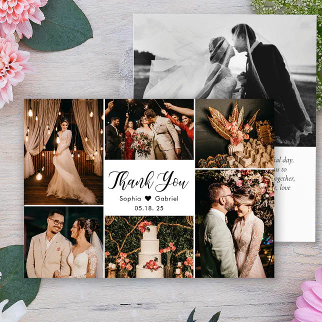 Elegant Script Wedding Multi Photo Collage Thank You Card | Zazzle