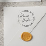 Elegant Script Wedding Names Round Return Address Rubber Stamp<br><div class="desc">Elegant wooden rubber stamps. Wedding stamps featuring a circular border and chic typography for your return address. The couple's names appear in stylish script calligraphy lettering to the left-hand side of the border. Around the inside of the circle frame, your address or contact details are written in curved text in...</div>