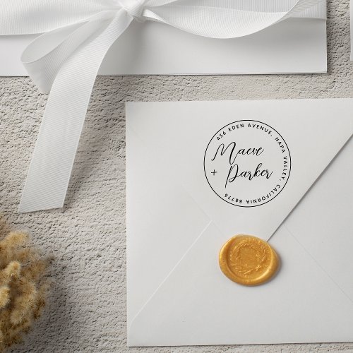 Elegant Script Wedding Names Round Return Address Rubber Stamp