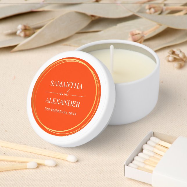 Elegant script wedding orange white minimalist  mini candle favors (Insitu)