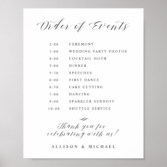 Elegant Script Wedding Order of Events Sign | Zazzle.com