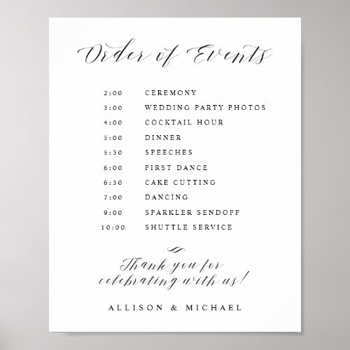 Elegant Script Wedding Order of Events Sign
