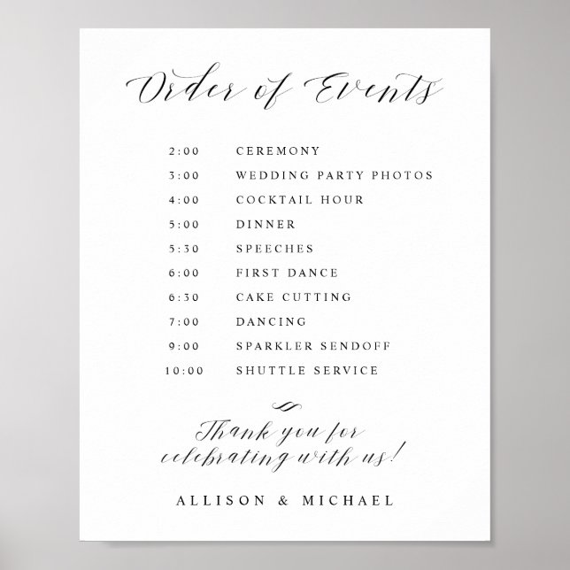 Elegant Script Wedding Order of Events Sign (Front)