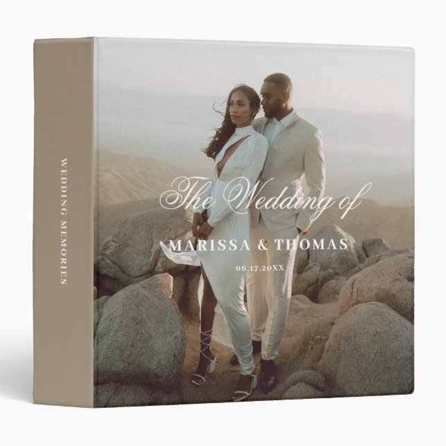 Elegant Script Wedding Photo Album Keepsake Beige 3 Ring Binder (Front/Spine)