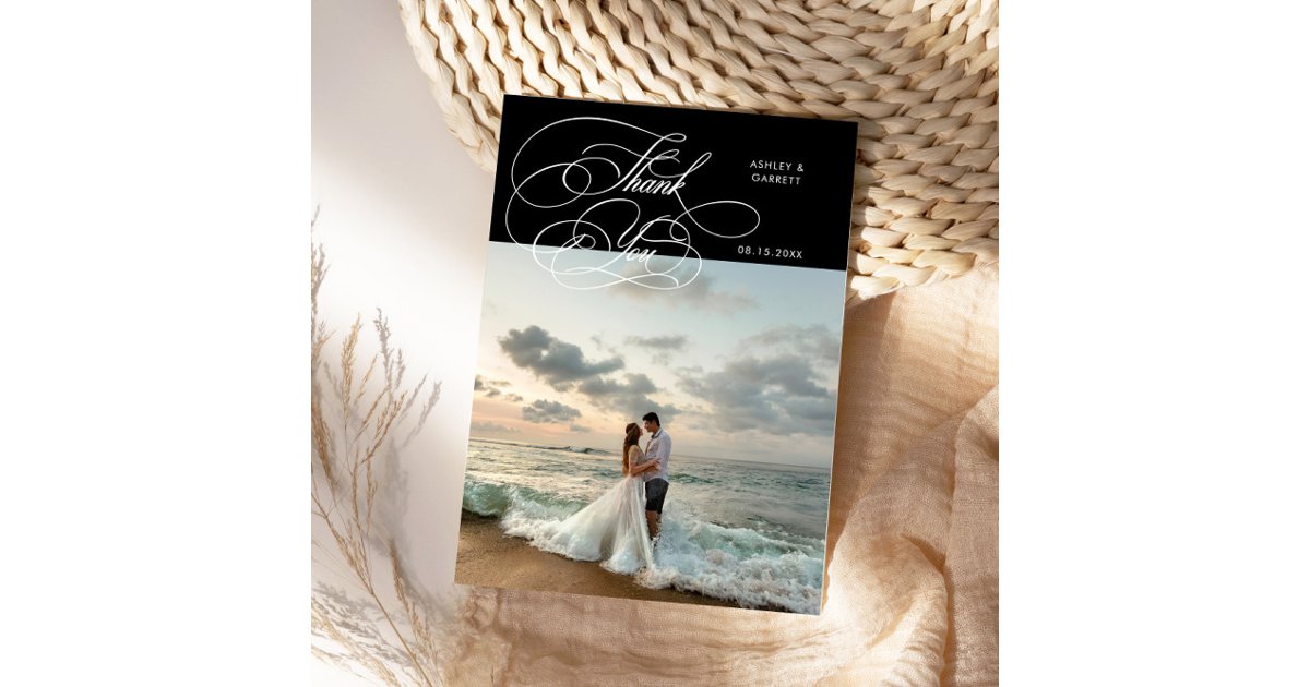 Elegant Script Wedding Photo Black Thank You Card | Zazzle