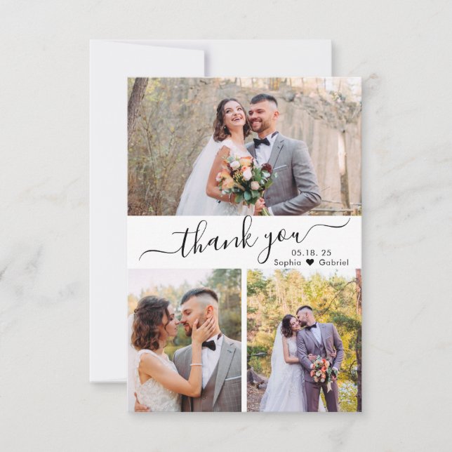 Elegant Script Wedding Photo Collage Thank You Card (Front)