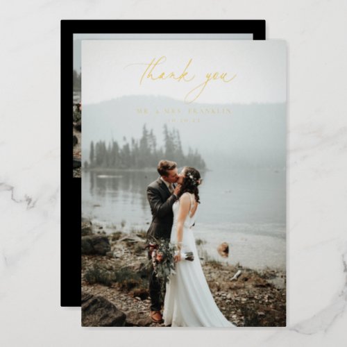 Elegant Script Wedding Photo Foil Thank You Card