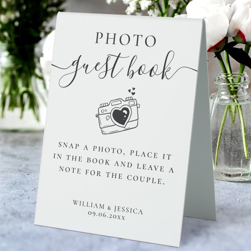 Elegant Script Wedding Photo Guest Book Table Tent Sign