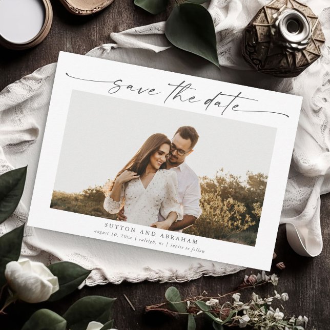 Elegant Script Wedding Photo Invitation (Elegant photo wedding save the date with modern handwritten script typographic overlay.)