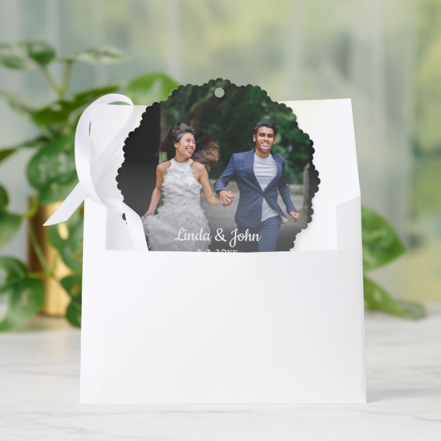 elegant script wedding photo minimalist holiday ornament card (Envelope)