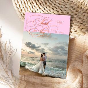 Elegant Script Wedding Photo Orange Pink Thank You Card