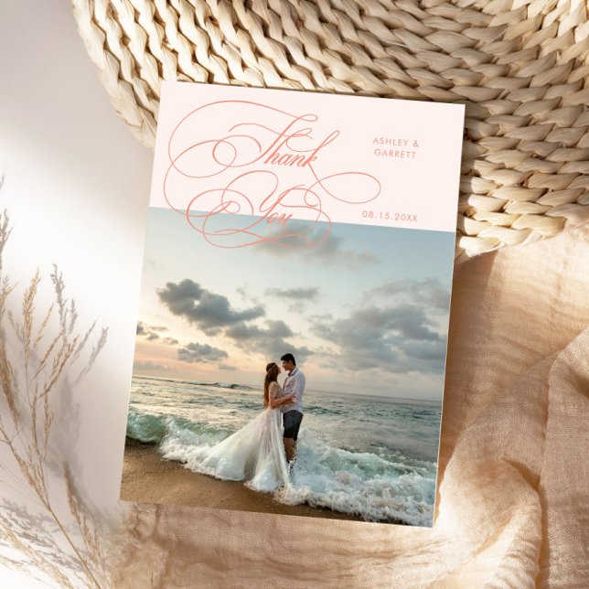 Elegant Script Wedding Photo Peach Thank You Card (Creator Uploaded)