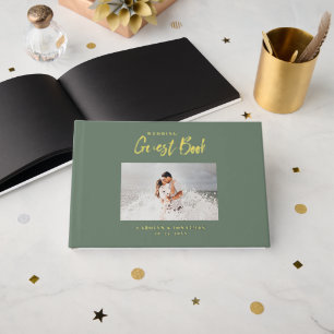 Elegant Script Wedding Photo Sage Foil Guest Book