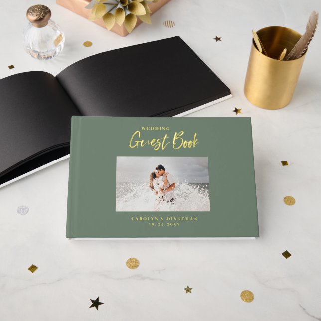 Elegant Script Wedding Photo Sage Foil Guest Book (Front Open)