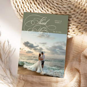 Elegant Script Wedding Photo Sage Green Thank You Card