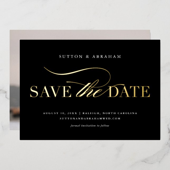 Elegant Script Wedding Photo Save the Date Gold Foil Invitation (Front/Back)