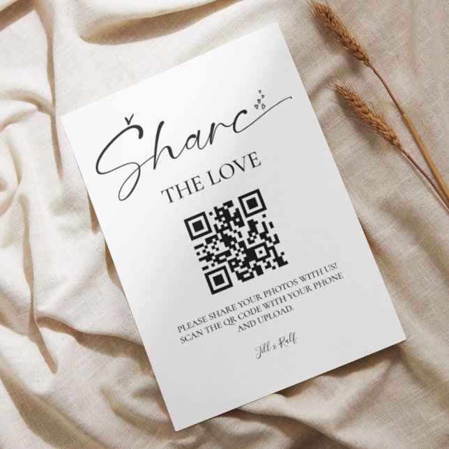 Elegant Script Wedding Photo Share QR code  Pedestal Sign (Creator Uploaded)