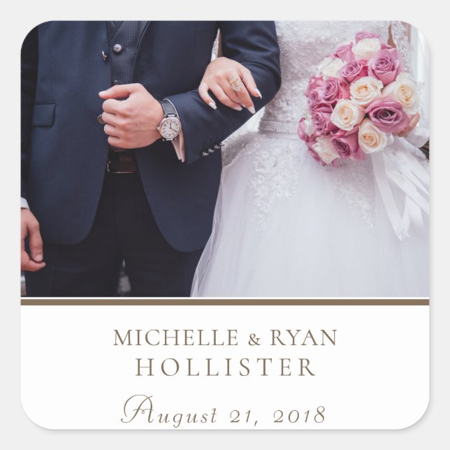 Elegant Script Wedding Photo  Square Sticker (Front)