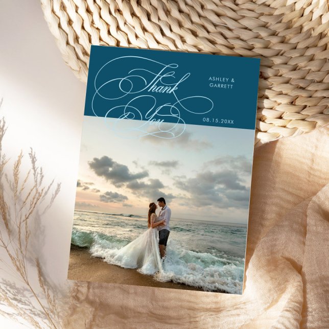 Elegant Script Wedding Photo Teal Thank You Card (Creator Uploaded)