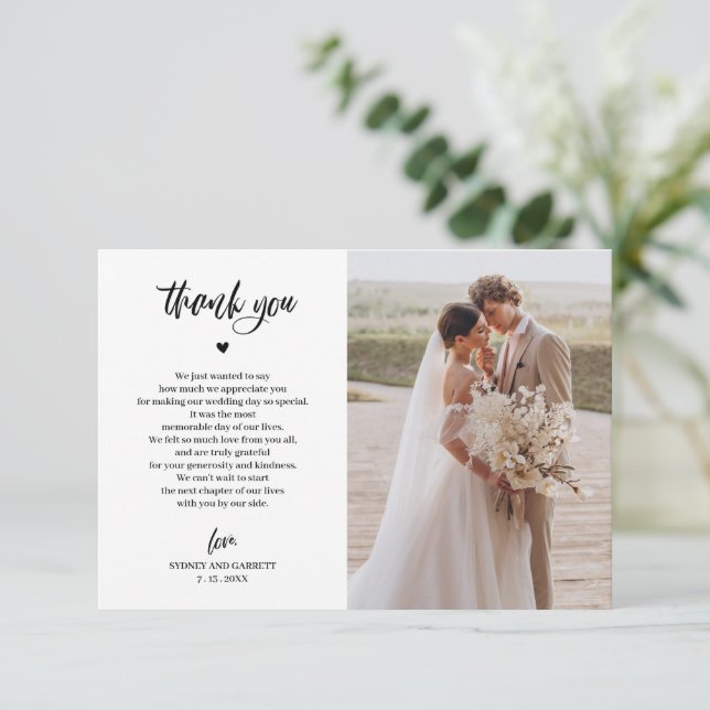 Elegant Script Wedding Photo Thank You Card (Standing Front)