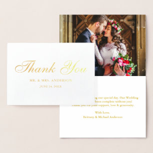 Elegant Script Wedding Photo Thank You Gold Foil Card